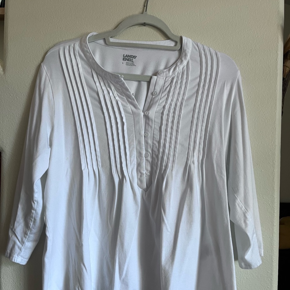 Lands' End White Pintuck Henley Blouse